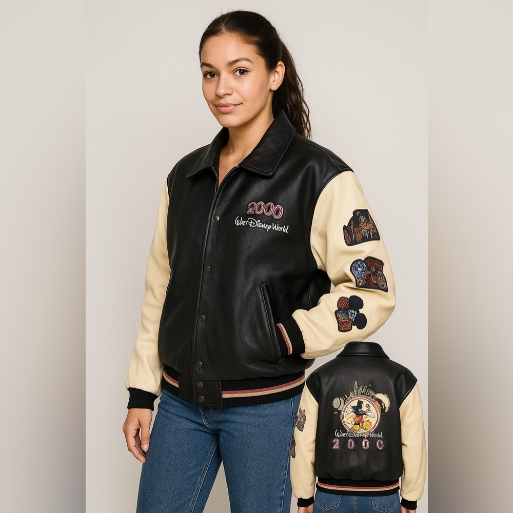 Disney 2000 Millennium Leather Varsity Bomber Jacket Mickey Mouse Sz L Rare